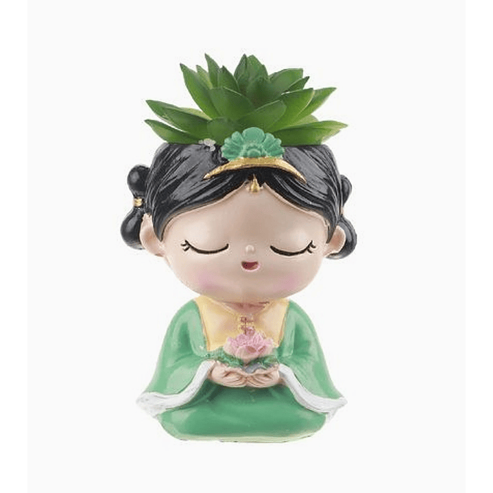 Macetero decorativo niña meditando con flor artificial suculenta 7,5x13,5 cm 1