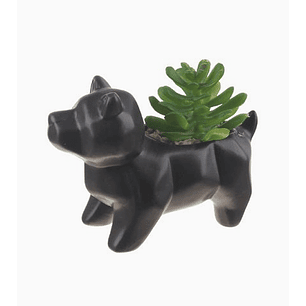 Flor artificial verde en macetero negro perrito 10x13,5 cm