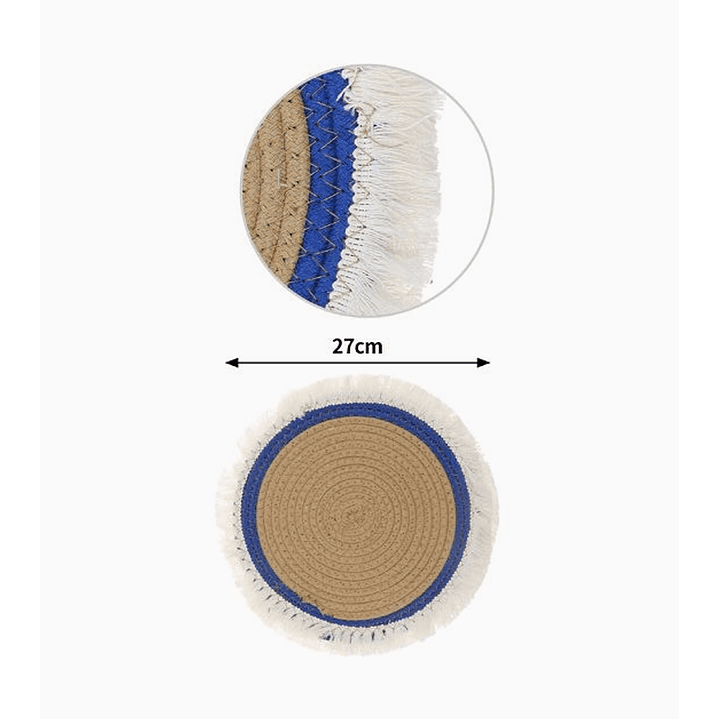 Mantel de centro tejido artesanal 27 cm círculo azul con vuelitos de lana 2