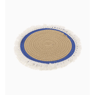 Mantel de centro tejido artesanal 27 cm círculo azul con vuelitos de lana