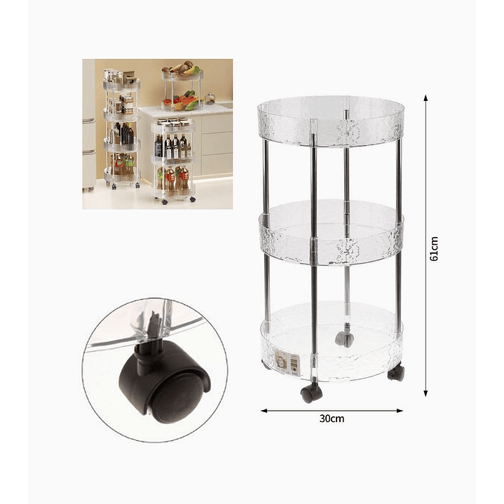 Estante organizador de tres pisos con ruedas – Superficie redonda 30x61 cm 2