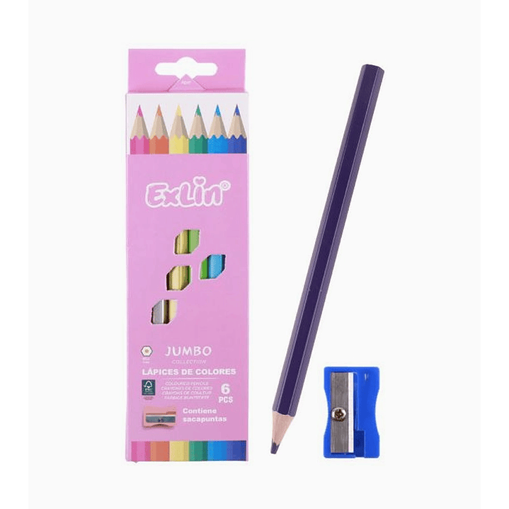 Set de lápices Jumbo de colores 6 unidades con sacapuntas escolar 1