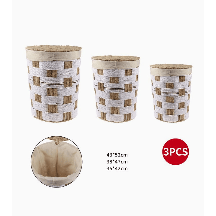 Set de 3 Canastos Cilíndricos con Tapa – Diseño Cuadrillé Blanco y Café 2