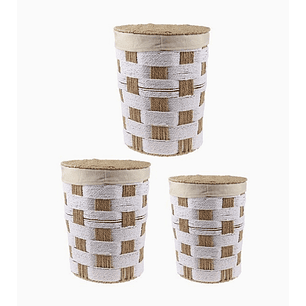 Set de 3 Canastos Cilíndricos con Tapa – Diseño Cuadrillé Blanco y Café