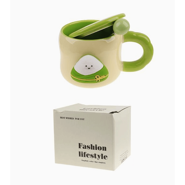 Taza Cerámica Diseño Zongzi con Tapa y Cuchara 1