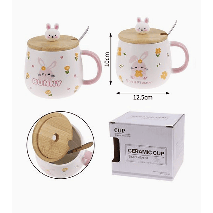 Taza de Cerámica Conejo con Tapa de Madera y Cuchara 1