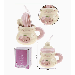 Taza de Cerámica infantil Durazno con Tapa y Bombilla