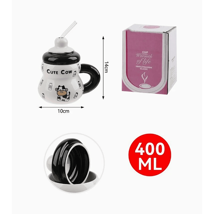 Taza de cerámica con diseño de vaca 400ml con tapa y bombilla 2