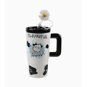 Vaso de cerámica con diseño de vaca 670ml con tapa y bombilla girasol