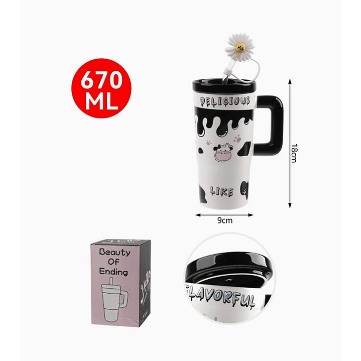 Vaso de cerámica con diseño de vaca 670ml con tapa y bombilla girasol 2