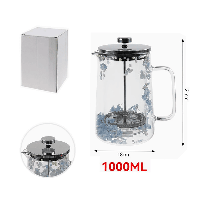 Cafetera Prensa Francesa Exlin 1000 mL Vidrio Floral – French Press Café Artesanal 2