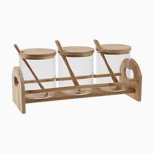 Especiero de Madera con 3 Frascos y Cucharas - Organizador de Cocina Premium