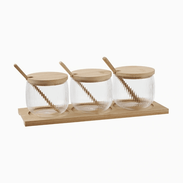 Especiero de Madera con 3 Frascos de Vidrio Acanalado y Cucharas 1