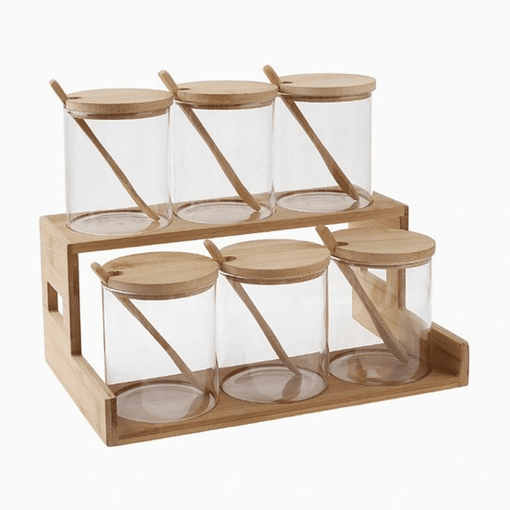 Especiero de Madera de 2 Niveles con 6 Frascos Acanalados y Cucharas 1