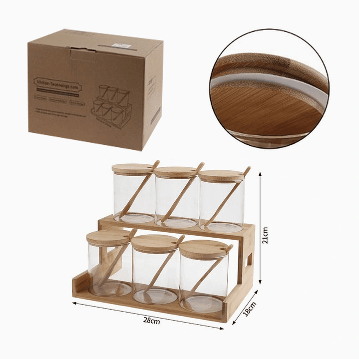 Especiero de Madera de 2 Niveles con 6 Frascos Acanalados y Cucharas 2