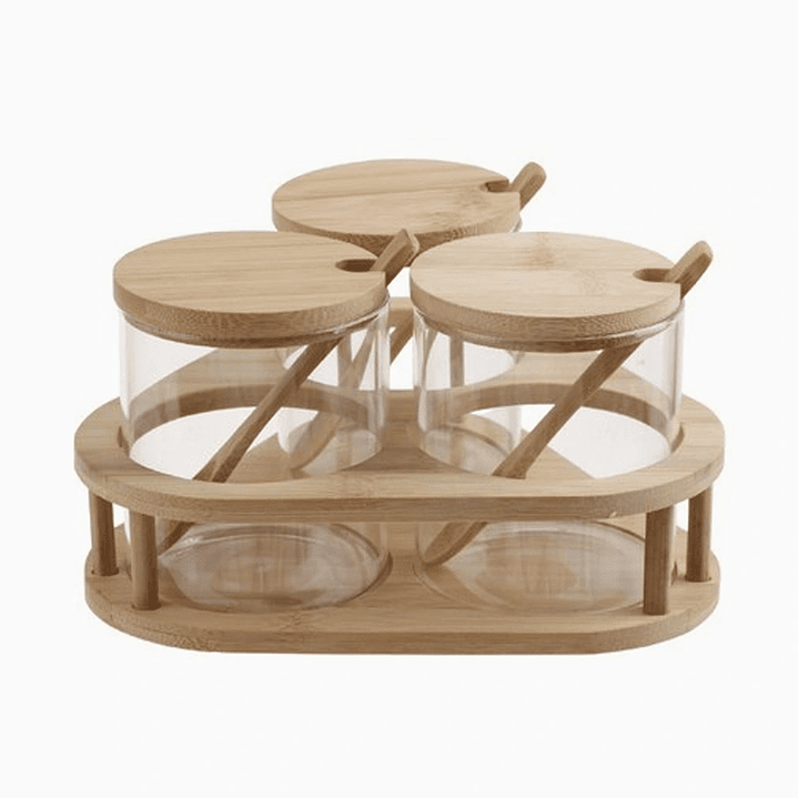 Especiero de Madera con Base Triangular y 3 Frascos con Cuchara 1