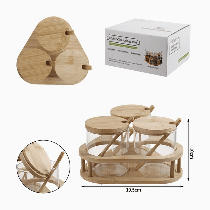 Especiero de Madera con Base Triangular y 3 Frascos con Cuchara 2