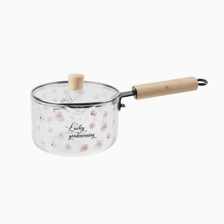 Olla de vidrio con asa y tapa de madera 1