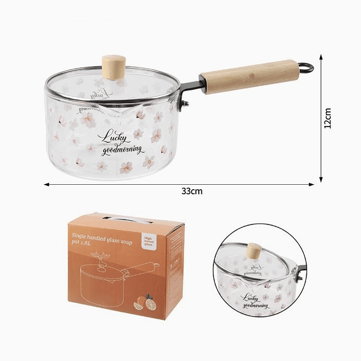 Olla de vidrio con asa y tapa de madera 2