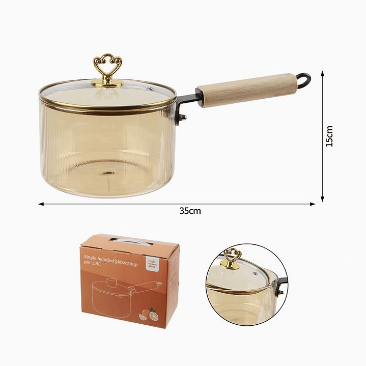 Olla de vidrio con asa y pomo dorado 2