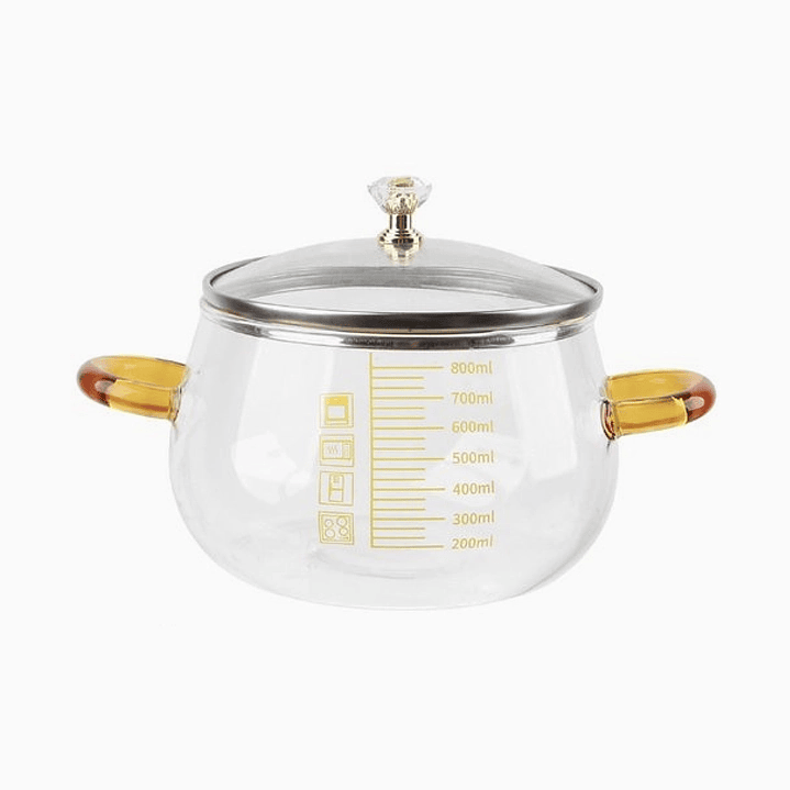 Olla de vidrio con asas ámbar y tapa transparente 1