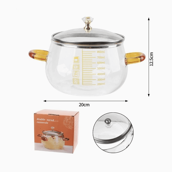 Olla de vidrio con asas ámbar y tapa transparente 2