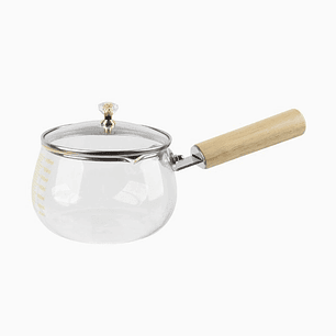 Olla de vidrio con asa de madera y tapa