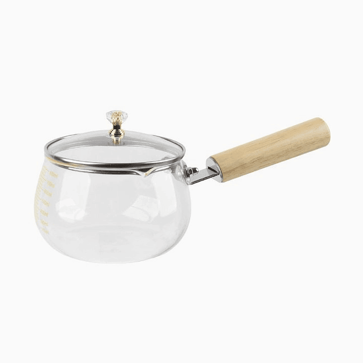 Olla de vidrio con asa de madera y tapa 1