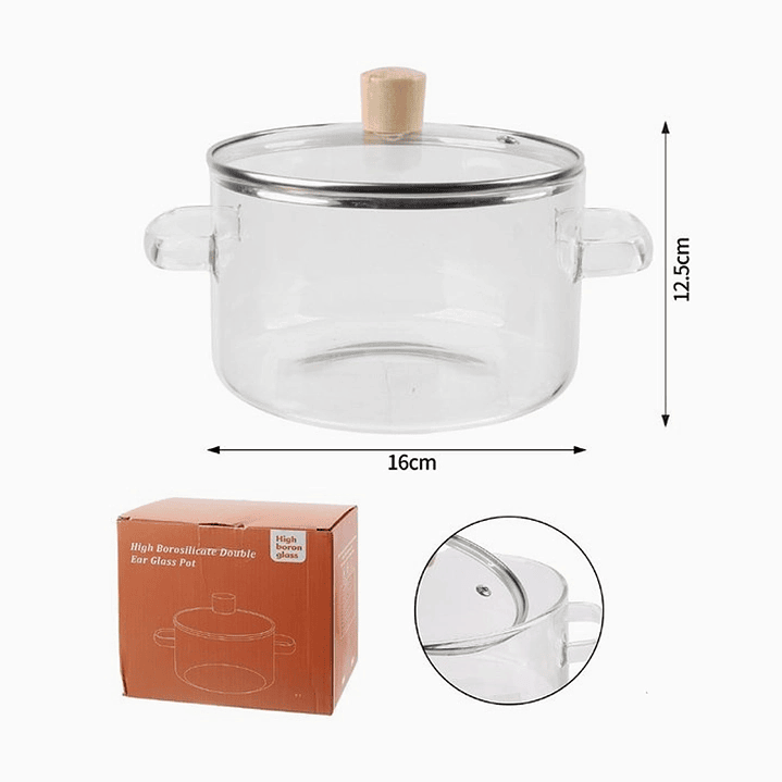 Olla de vidrio con asas dobles y tapa de madera 2