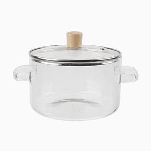 Olla de vidrio con asas dobles y tapa de madera