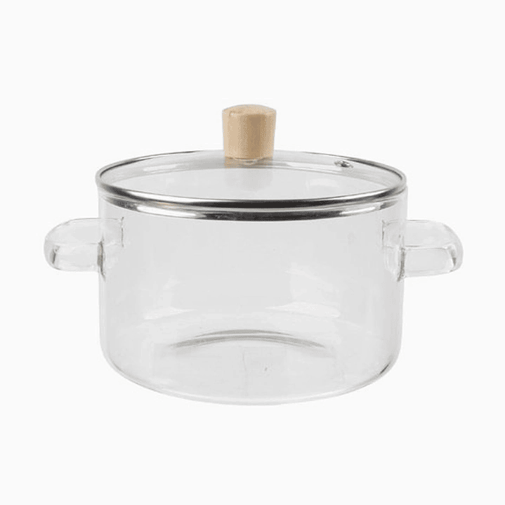 Olla de vidrio con asas dobles y tapa de madera 1