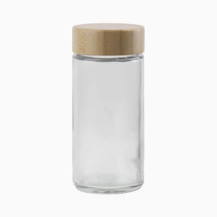 Frasco de vidrio con tapa de madera y dosificador metálico