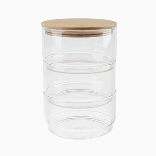 Frasco de vidrio apilable con tapa de madera – 3 secciones de 400 ml