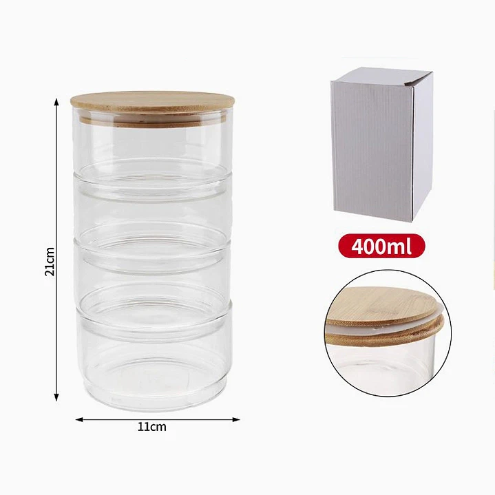 Frasco de vidrio apilable con tapa de madera – 4 secciones de 400 ml 2