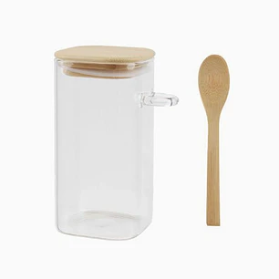 Frasco de vidrio con tapa de madera y cuchara – 12 cm