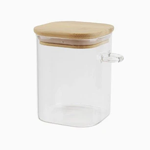 Frasco de vidrio con tapa de bambú y cuchara – 10 cm