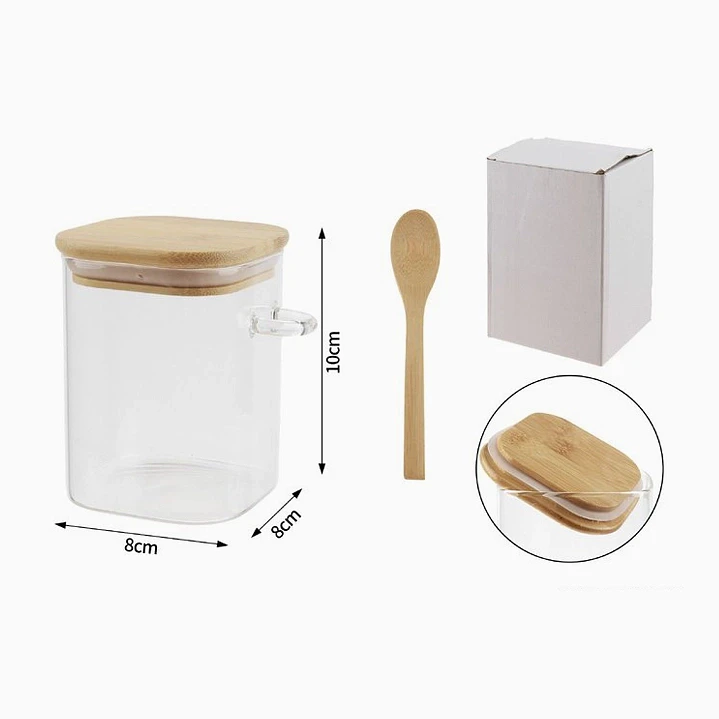 Frasco de vidrio con tapa de bambú y cuchara – 10 cm 2