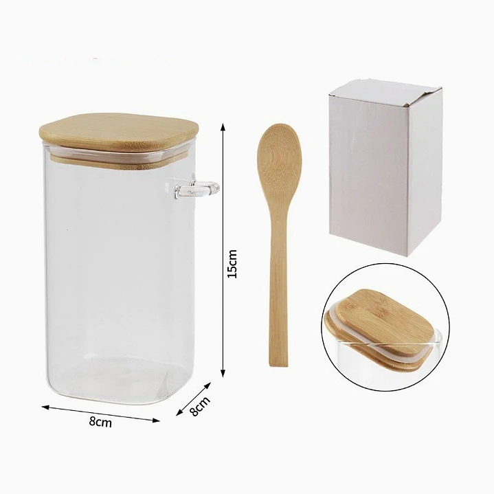 Frasco de vidrio con tapa de bambú y cuchara – 15 cm 2