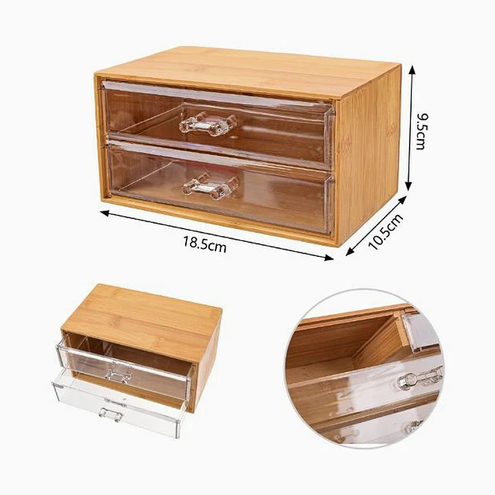 Caja de almacenamiento de bambú con dos cajones – 18,5 × 10,5 × 9,5 cm 2