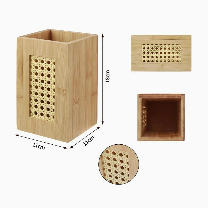 Caja de almacenamiento de bambú con detalle tejido – 11 × 11 × 18 cm 2