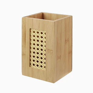 Caja de almacenamiento de bambú con detalle tejido – 11 × 11 × 18 cm