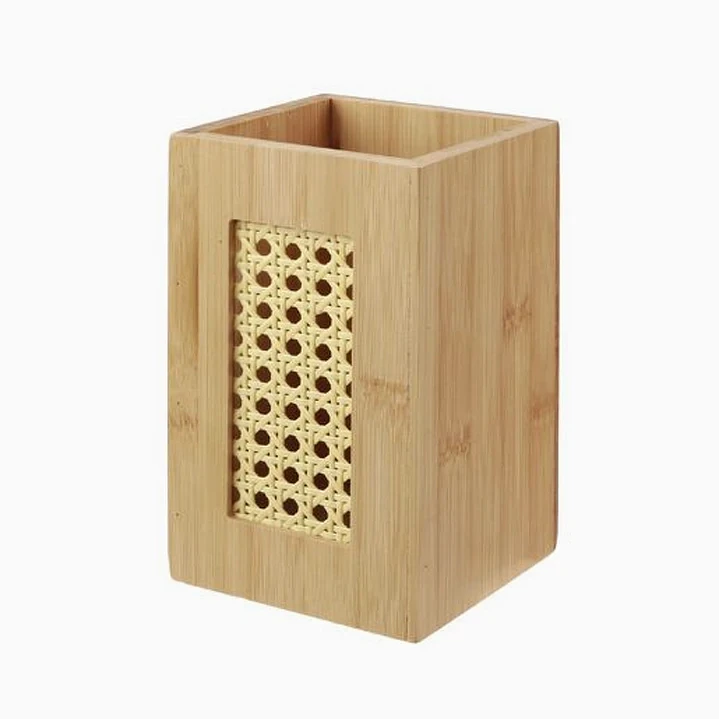 Caja de almacenamiento de bambú con detalle tejido – 11 × 11 × 18 cm 1