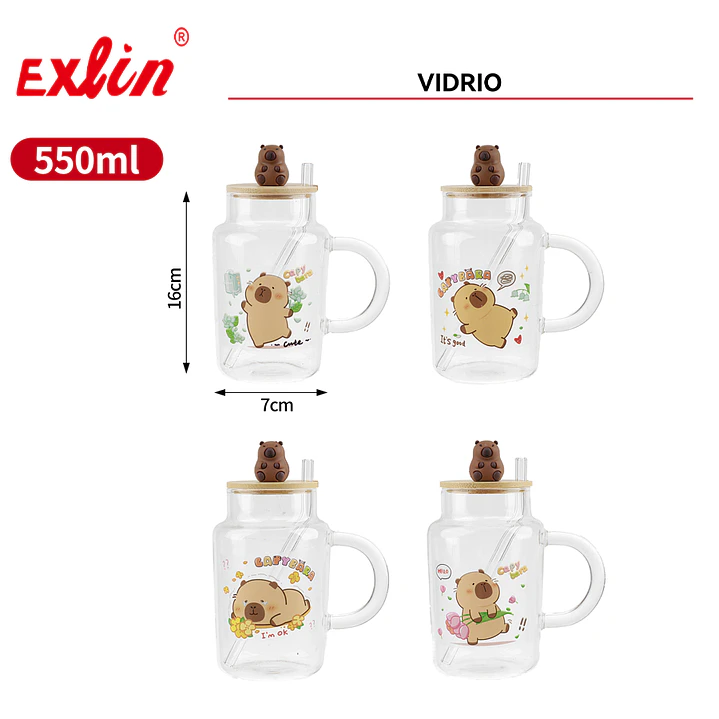 Vaso de Vidrio Capibara con Tapa y Bombilla - 550ml 1