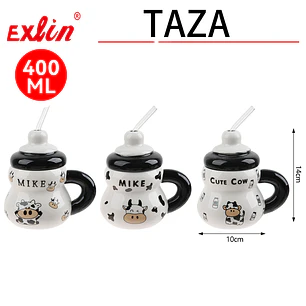 Taza de Cerámica Diseño Vaquita con Tapa y Bombilla – 400 ml