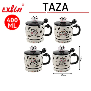 Taza de Cerámica Diseño Vaquita con Tapa y Cuchara – 400 ml