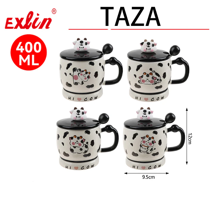 Taza de Cerámica Diseño Vaquita con Tapa y Cuchara – 400 ml 1