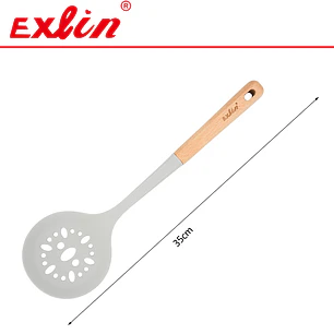 Cuchara Ranurada Escurridora de Silicona con Mango de Madera - 35cm