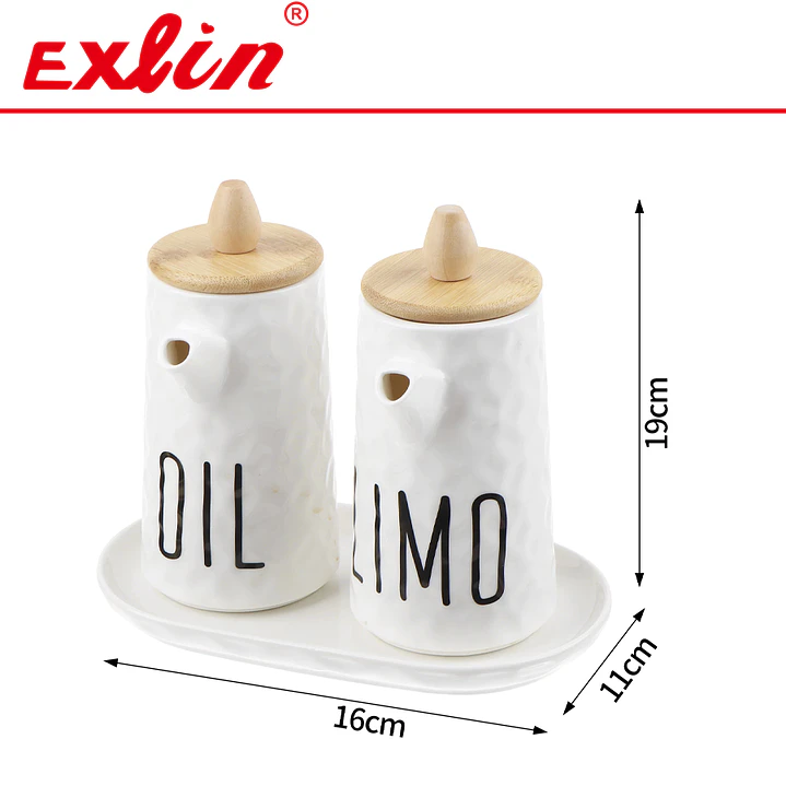 Set Aceitero y Vinagrero de Cerámica 19cm con Tapa de Bambú y Bandeja 1