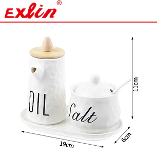 Set Aceitero y Salero de Cerámica con Tapa de Bambú y Bandeja 19cm