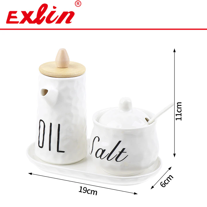 Set Aceitero y Salero de Cerámica con Tapa de Bambú y Bandeja 19cm 1
